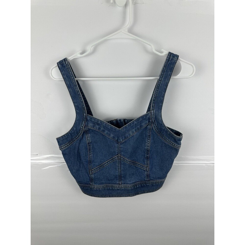 Madewell Denim Corset Bustier Crop Top Front Zip Panel Seaming Sustainable